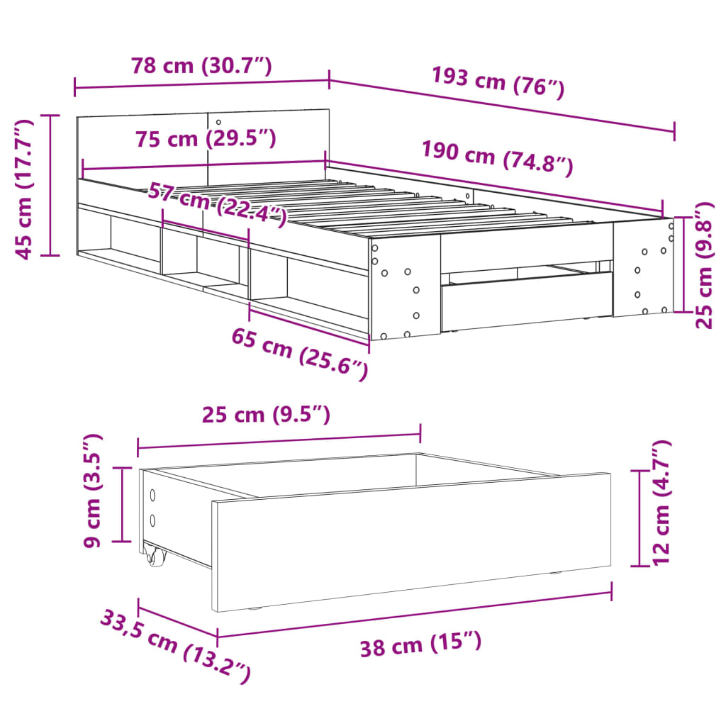 vidaXL Bettgestell mit Schublade Schwarz 75x190 cm Holzwerkstoff