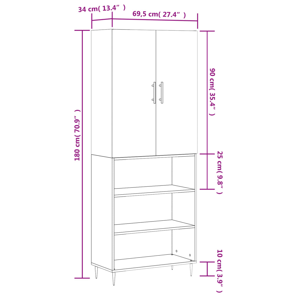 vidaXL Highboard Grau Sonoma 69,5x34x180 cm Holzwerkstoff