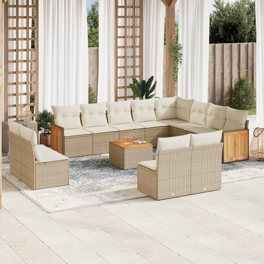 vidaXL 12-tlg. Garten-Sofagarnitur mit Kissen Beige Poly Rattan