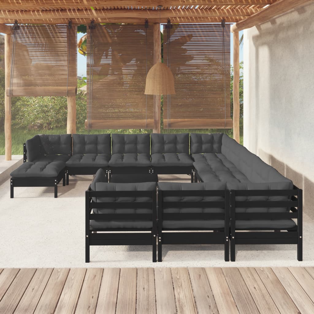 vidaXL 13-tlg. Garten-Lounge-Set mit Kissen Schwarz Kiefernholz