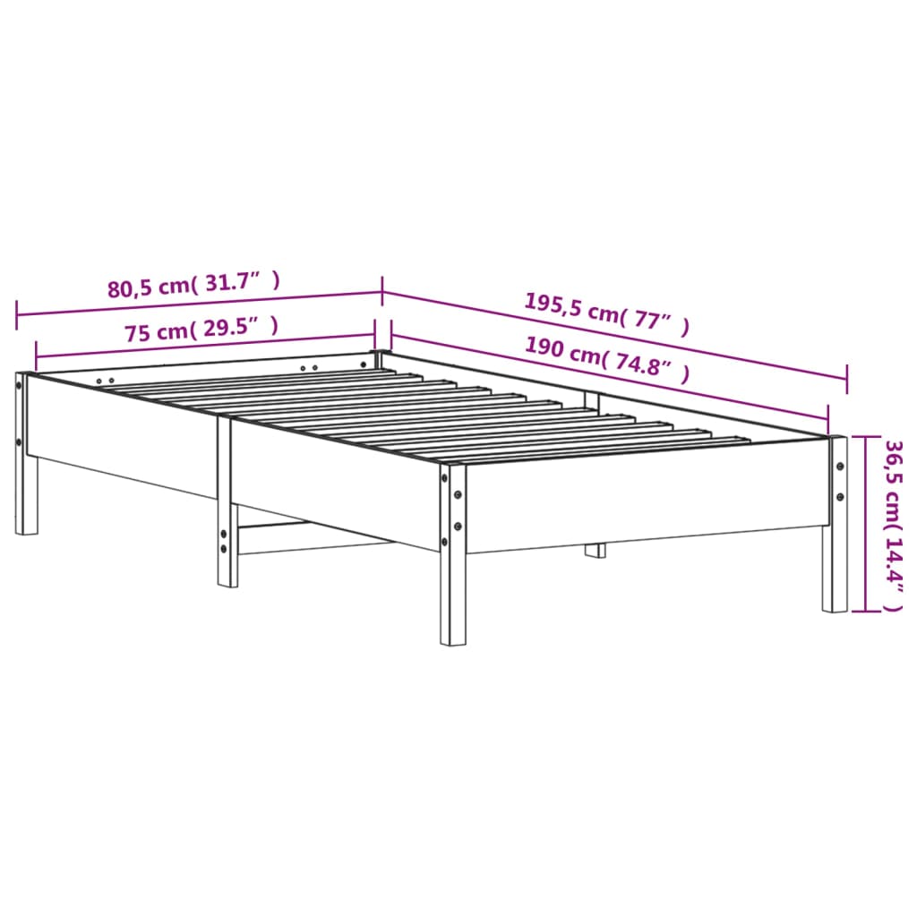 vidaXL Massivholzbett ohne Matratze 75x190 cm Kiefernholz