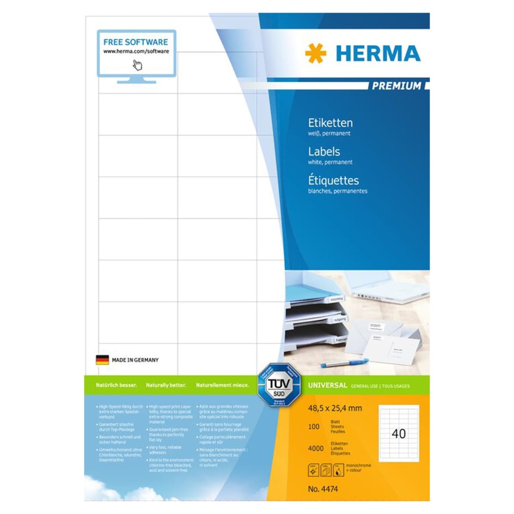 HERMA Etiketten PREMIUM Permanent Haftend A4 48,5x25,4 mm 100 Blätter