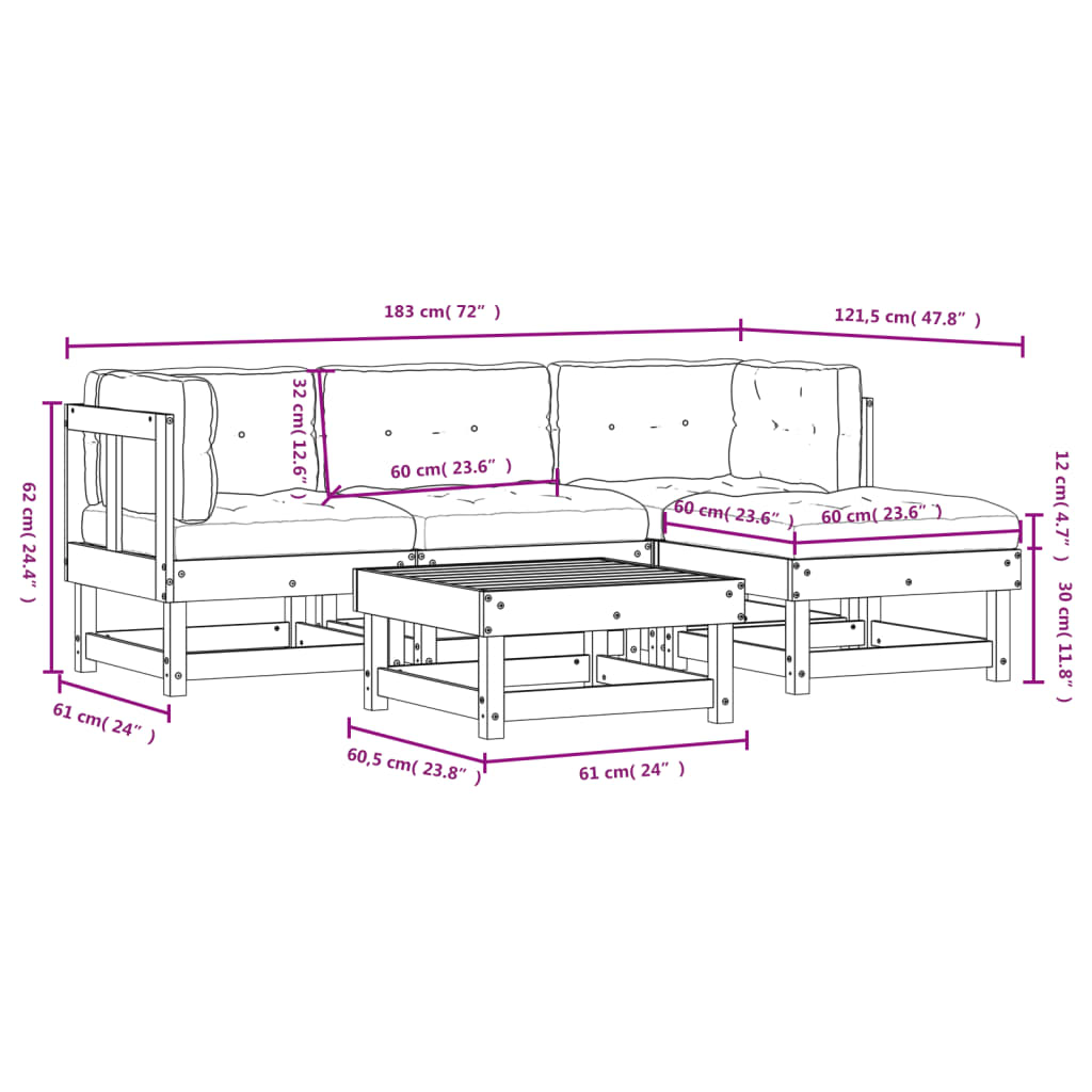 vidaXL 5-tlg. Garten-Lounge-Set mit Kissen Imprägniertes Kiefernholz