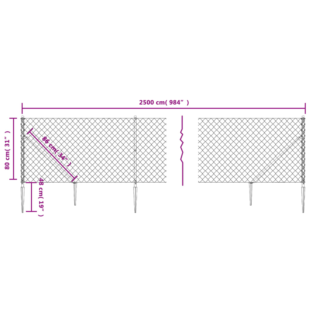 vidaXL Maschendrahtzaun mit Bodenhülsen Grün 0,8x25 m