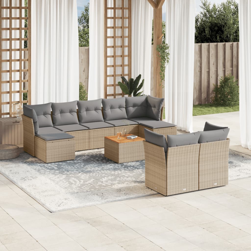 vidaXL 10-tlg. Garten-Sofagarnitur mit Kissen Beige Poly Rattan