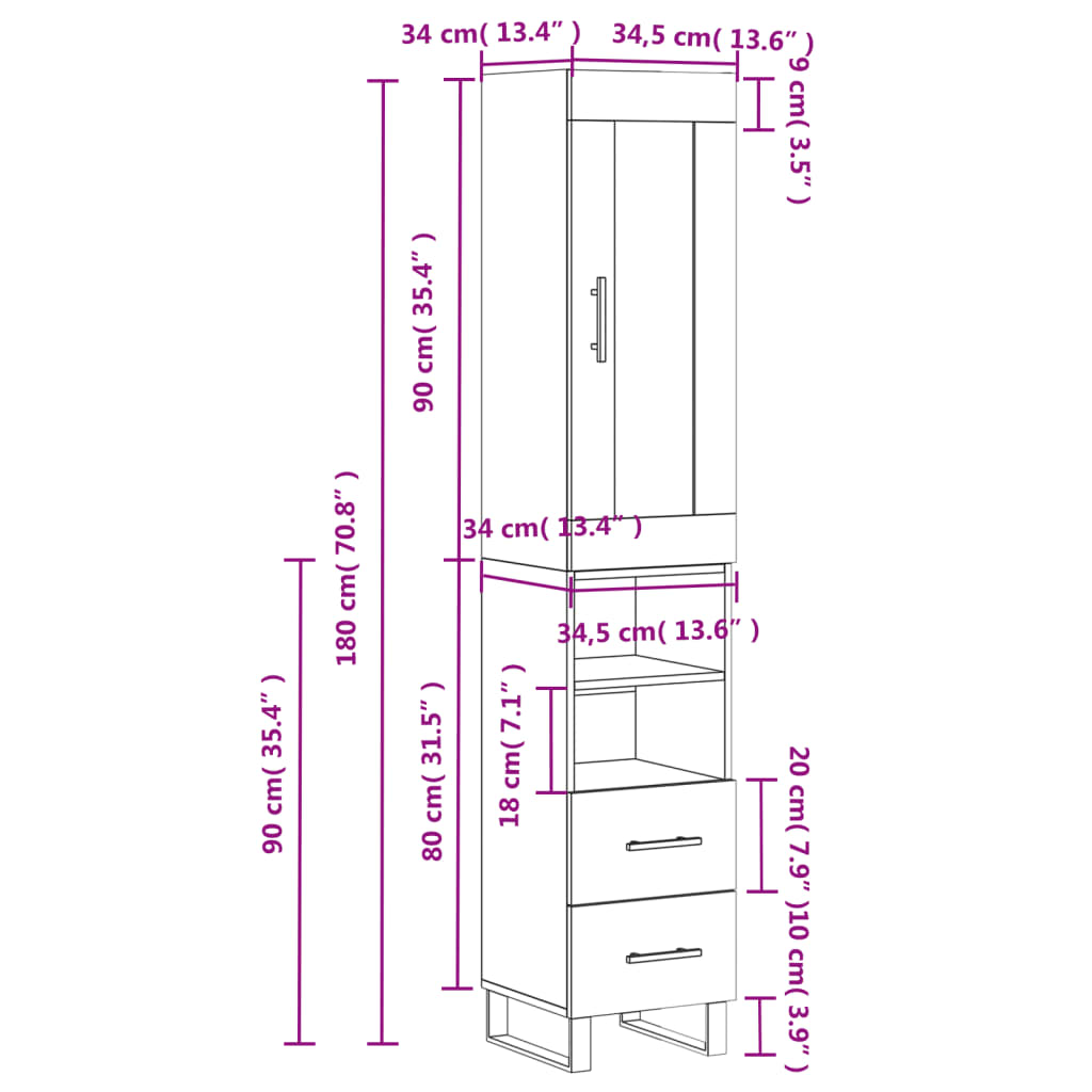 vidaXL Highboard Grau Sonoma 34,5x34x180 cm Holzwerkstoff