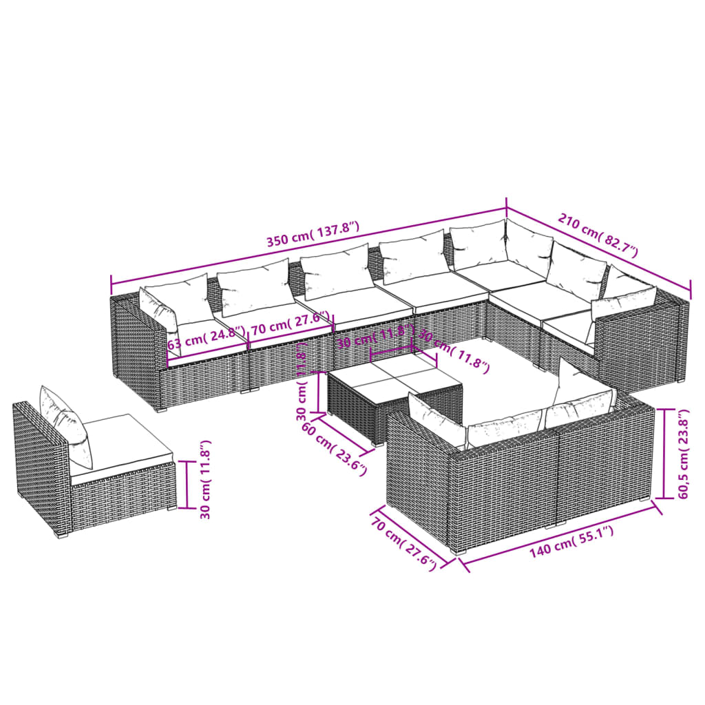 vidaXL 11-tlg. Garten-Lounge-Set mit Kissen Poly Rattan Grau