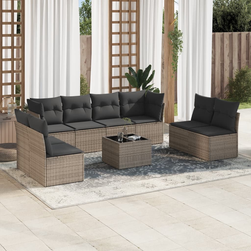 vidaXL 9-tlg. Garten-Sofagarnitur mit Kissen Grau Poly Rattan