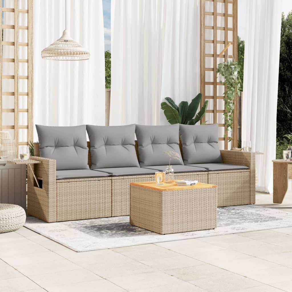 vidaXL 5-tlg. Garten-Sofagarnitur mit Kissen Beige Poly Rattan