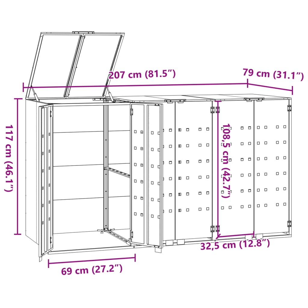 vidaXL Mülltonnenbox für 3 Tonnen Schwarz 207x79x117 cm Stahl