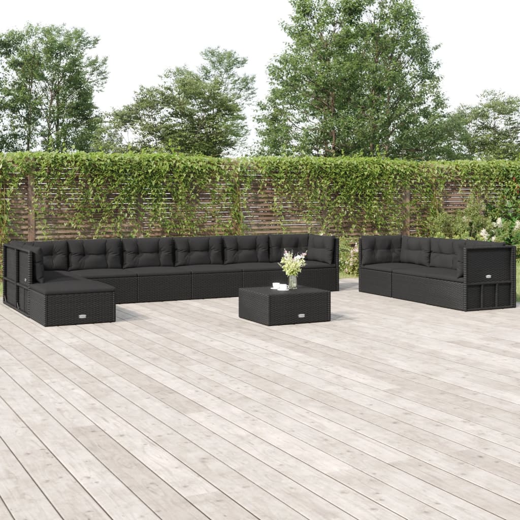 vidaXL 11-tlg. Garten-Lounge-Set mit Kissen Schwarz Poly Rattan