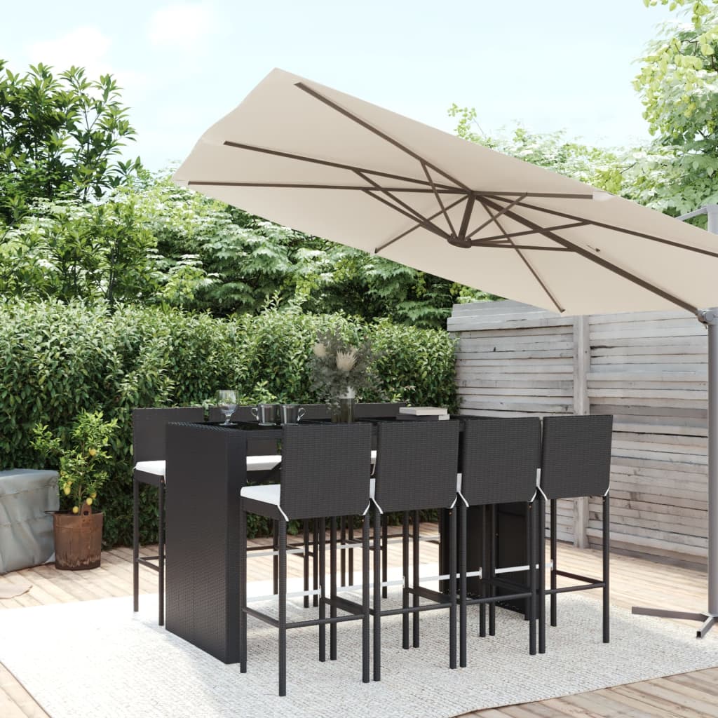 vidaXL 9-tlg. Gartenbar-Set mit Kissen Schwarz Poly Rattan