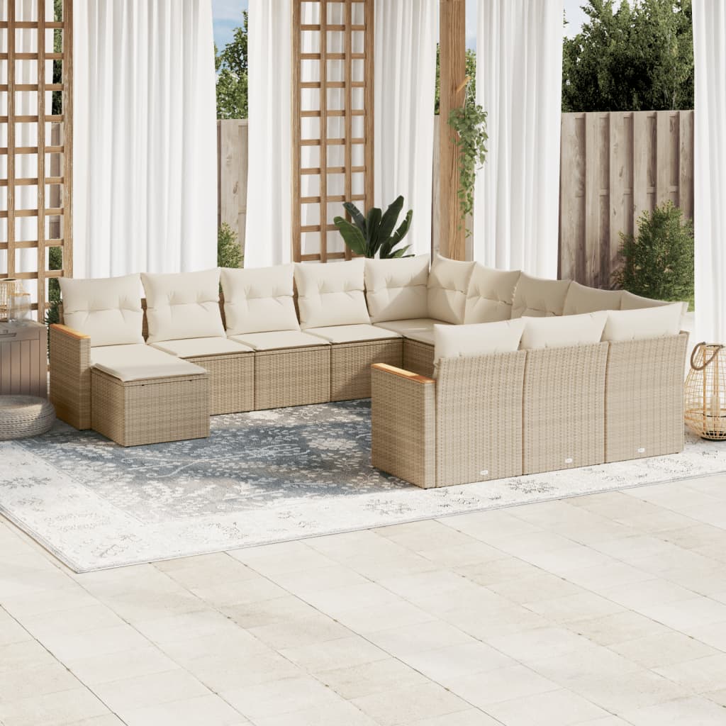 vidaXL 12-tlg. Garten-Sofagarnitur mit Kissen Beige Poly Rattan