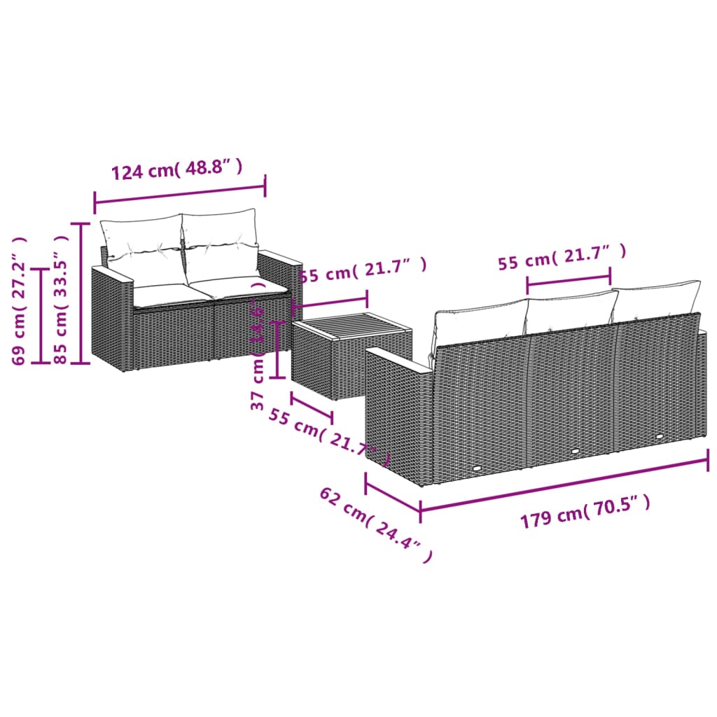 vidaXL 6-tlg. Garten-Sofagarnitur mit Kissen Schwarz Poly Rattan