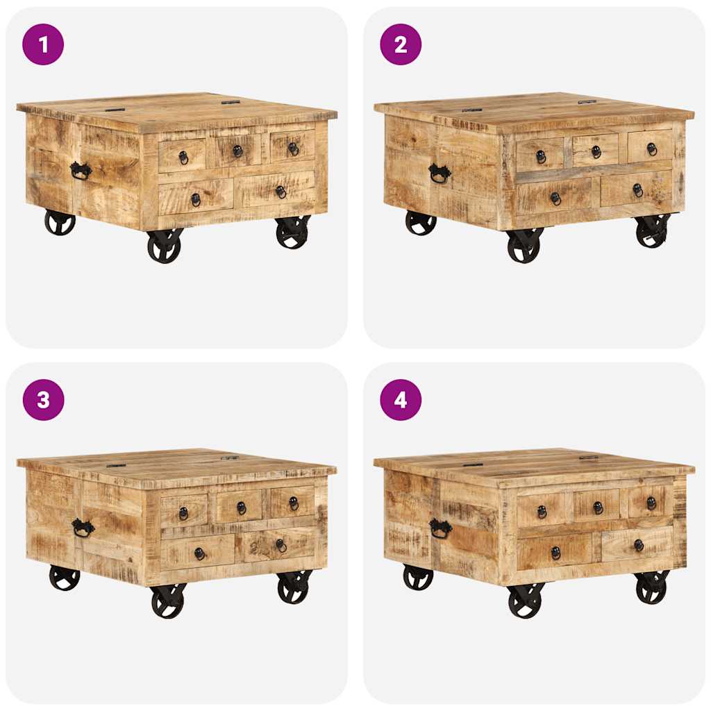 Homgoday Couchtisch Aus Mangoholz – 70x70x40 Cm, Mit 5 Schubladen & Rollen – Industrieller Vintage-Look