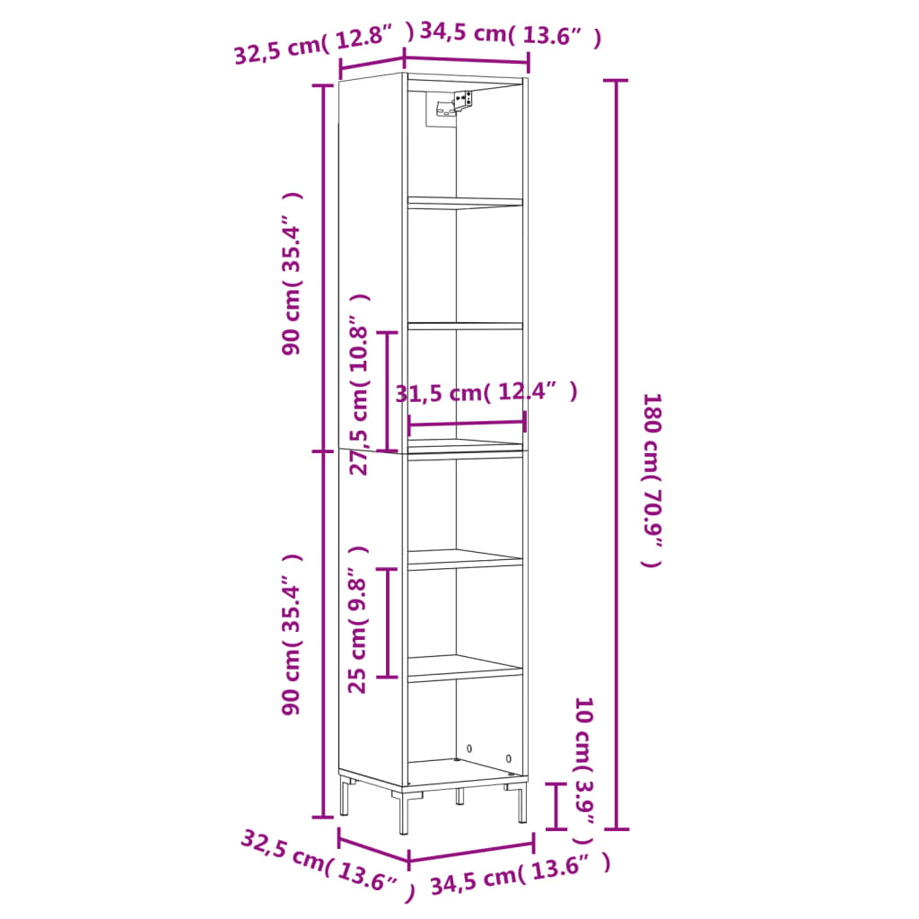 vidaXL Highboard Weiß 34,5x32,5x180 cm Holzwerkstoff