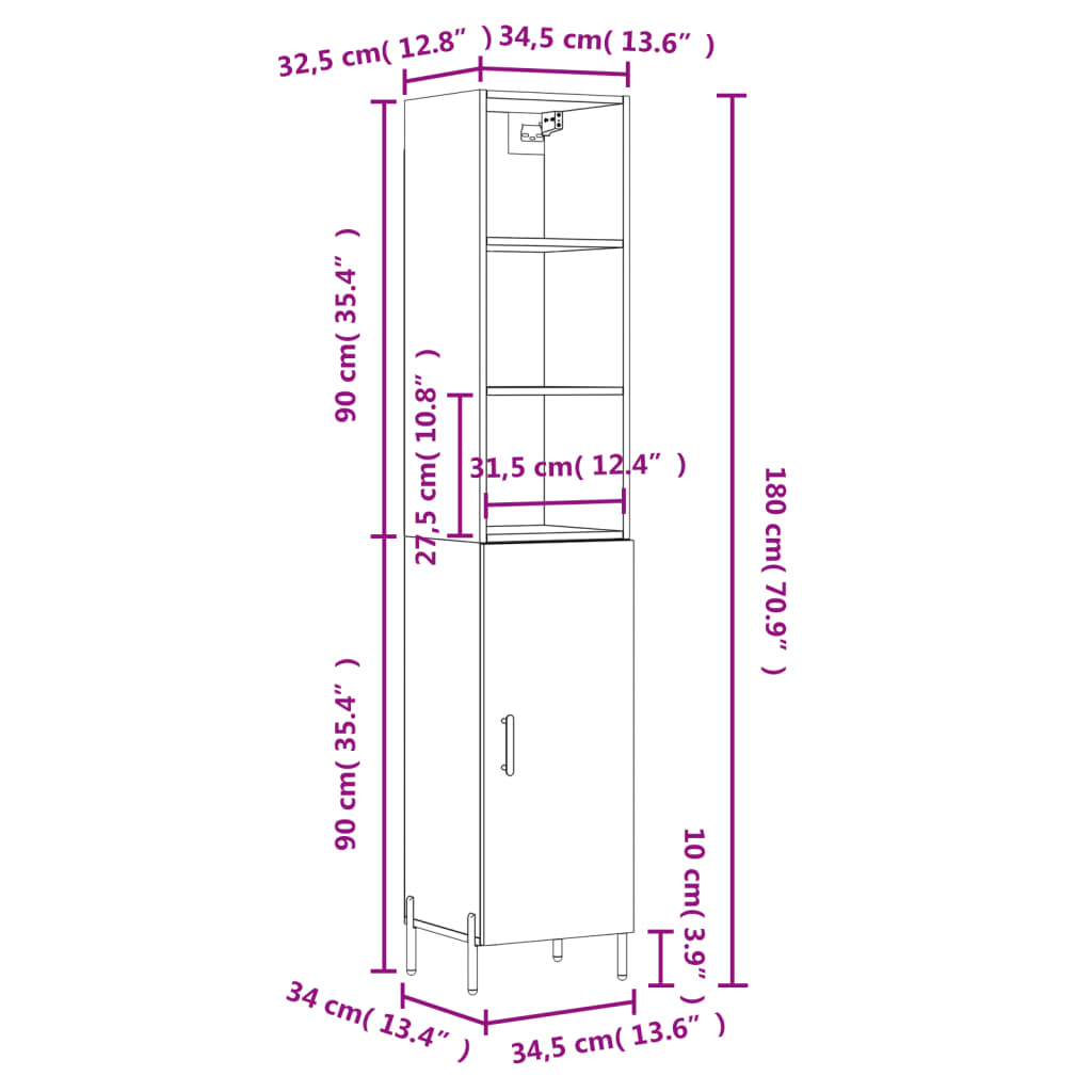 vidaXL Highboard Braun Eichen-Optik 34,5x34x180 cm Holzwerkstoff