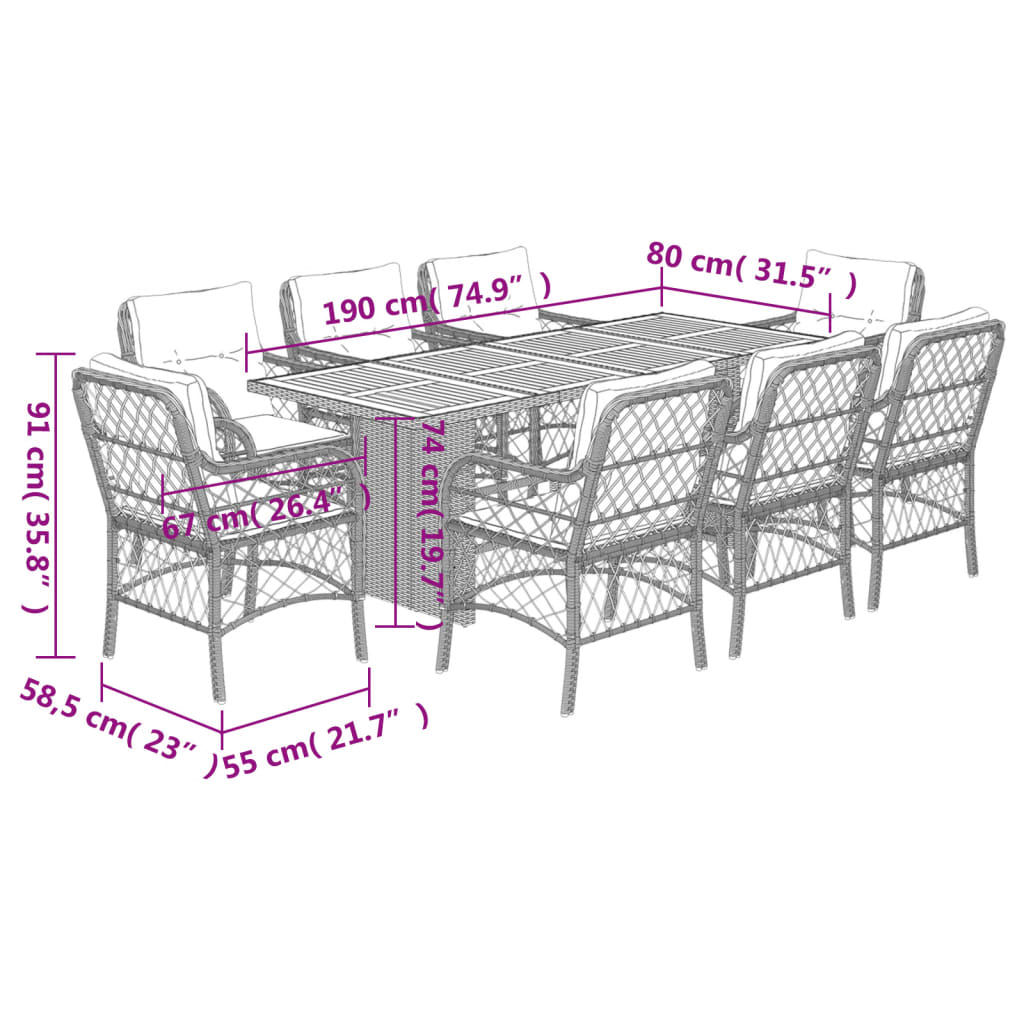 vidaXL 9-tlg. Garten-Essgruppe mit Kissen Beige Poly Rattan