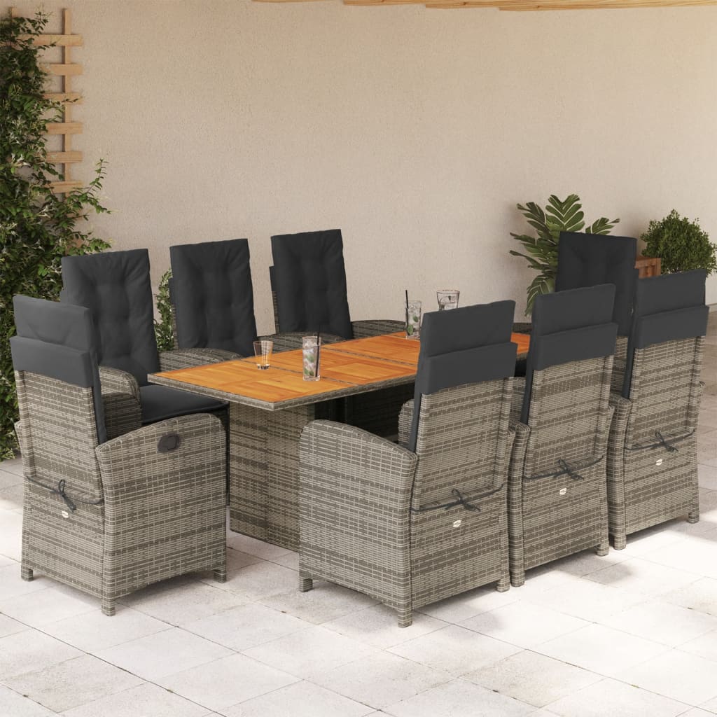 vidaXL 9-tlg. Garten-Essgruppe mit Kissen Grau Poly Rattan