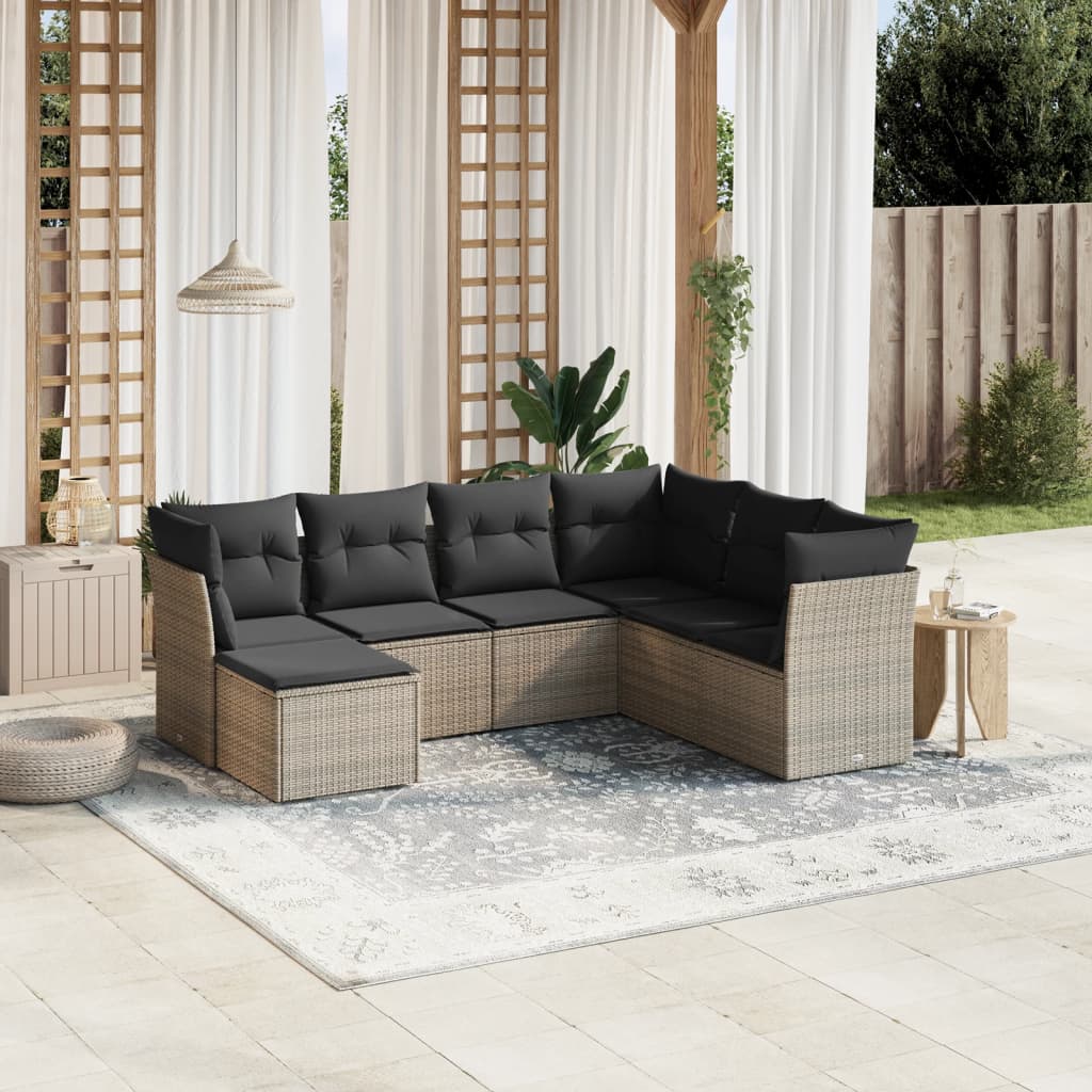 vidaXL 7-tlg. Garten-Sofagarnitur mit Kissen Grau Poly Rattan